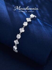 MOUSHEENIA 925 Sterling Silver Moissanite Clover Bracelet, D Color Round Cut Lab-Grown Diamond. Sparkling Chain. Wedding Jewelry. Gift For Her, Wife, Anniversary. - Silver - View 6