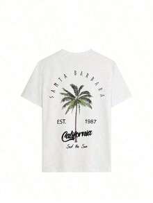 Women's Short-Sleeved T-Shirt, Casual Style, Round Neck, Palm Tree And Letter Print, Holiday Style, White And Pink, 100% Cotton, Urban Casual Style. - 白色 - 查看 4