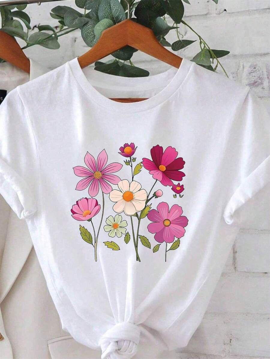Plus Size Graphic T-Shirts - Women's Floral Casual T-Shirt - Bright Pink And White Flowers On A White Background, Short Sleeve Crew Neck Top Ideal For Spring And Summer, Made Of Lightweight And Breathable Material, Perfect For Everyday Wear, 100% Cotton - 白色 - 查看 1
