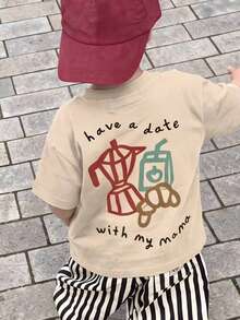 1pc Young Boy"Have A Date With My Mama" Coffee Print Casual Short Sleeve T-Shirt - Apricot - View 1