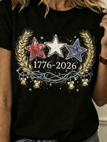 Elegant Women's Shirt, Casual Short-Sleeved Top With Round Neck, Nature-Inspired Design, Comfortable, Simple, Elegant, Fashionable For Work, Vacation And Everyday Wear, Versatile Vintage-Style Top, Local Delivery. - 黑色 - 查看 6