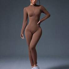 Dewbera Plain Ribbed Zipper Slim Fit Long Sleeve Jumpsuit - Rosa - Ver 6