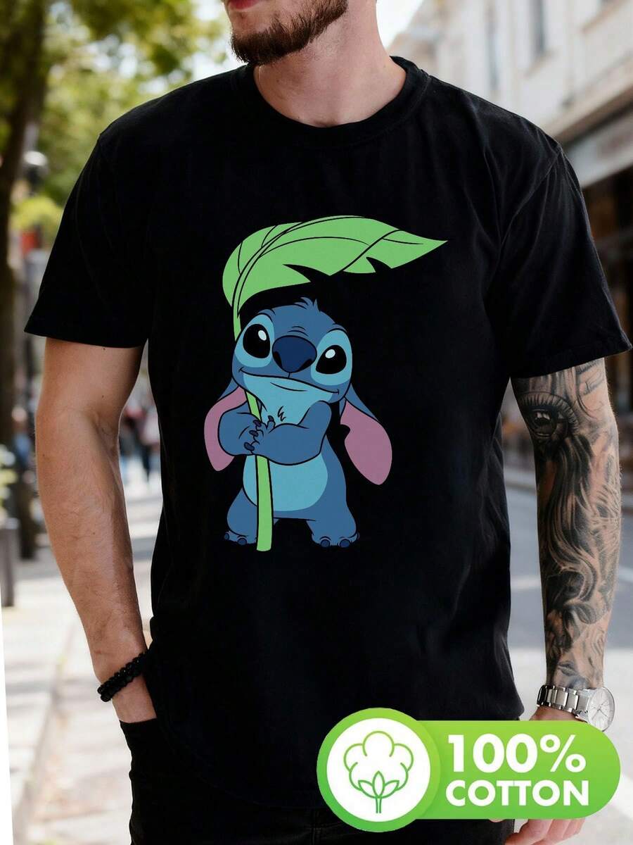 Disney Lilo & Stitch "Stitch With Palm Leaf" Graphic T-ShirtMen's Short-Sleeved T-Shirt With Zootopia 2 Design. Crew Neck, Casual And Comfortable, Breathable And Lightweight, Suitable For Sports And Casual Wear. - 黑色 - 查看 1