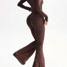 Dewbera 1pc Women's Seamless Sexy Leopard Print Mock Neck Front Zipper Thumb Hole High Waist Contour Sports Running Fitness Gymnastics Dance Long Sleeve Flared Jumpsuit - Multicolor - Ver 4