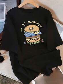 Women's Essential Casual T-Shirt, 100% Cotton, Loose Fit, With Cartoon Hamburger Print "HOMBERY!", Round Neck, Short Sleeve, Urban Casual Style, Breathable, Summer T-Shirt With Fun Design, Machine Washable, Soft Cotton For Daily Wear. - 黑色 - 查看 12
