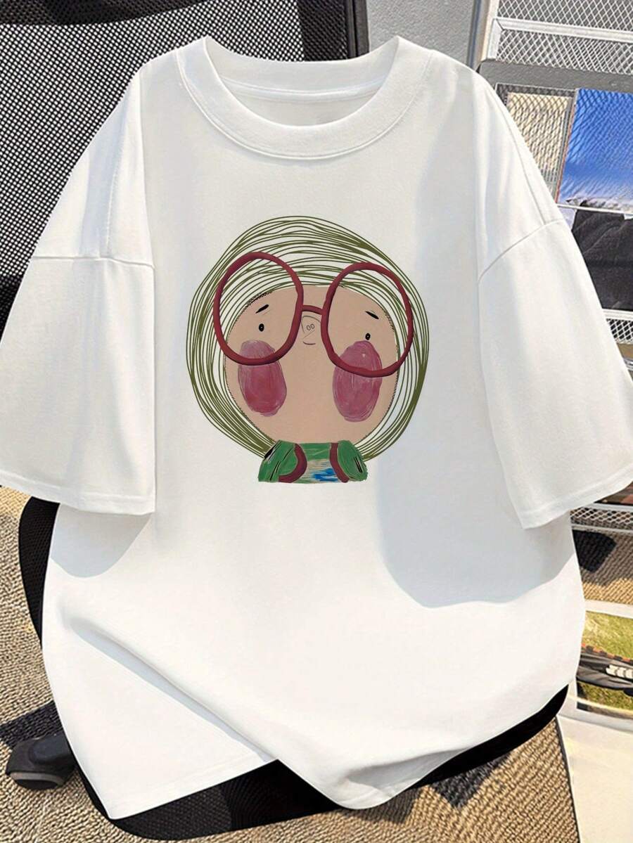 T-Shirt With Hand-Drawn Girl Illustration, Short Sleeves, Literary Style, Unisex Top For Travelers - Putih - View 1