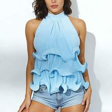 Women's Halter Neck Ruffle Top, Sleeveless Tiered Ruffle Blouse With Textured Chiffon Fabric, Flowy Silhouette For Versatile Styling - 藍色 - 查看 7
