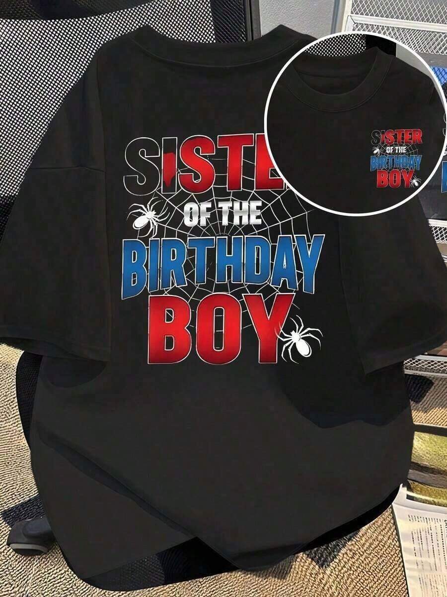 Under The Radar Women's Double-Sided T-Shirt With "Sister Of The Birthday Boy" Double Print Featuring Spiders And Cobwebs, 100% Cotton. Comfortable And Original. Unisex Cotton Loose-Fitting Short-Sleeved Crew Neck Vintage Style T-Shirt For Women - 黑色 - 查看 1