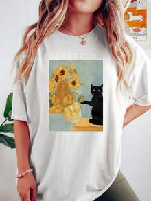 Women's Van Gogh Sunflowers And Cat T-Shirt - Vintage Art Print Short Sleeve Crew Neck With Iconic Oil Painting, Loose Fit Casual Blouse Suitable For Parties, Holidays, Casual Wear, Machine Washable - 白色 - 查看 1