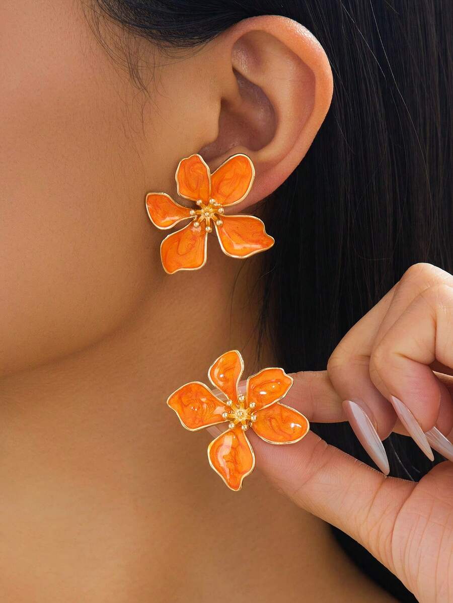 1 Pair Elegant French Style Handmade Asymmetrical Orange Enamel Flower Earrings, Luxury Summer New Design For Women - Orange - View 1