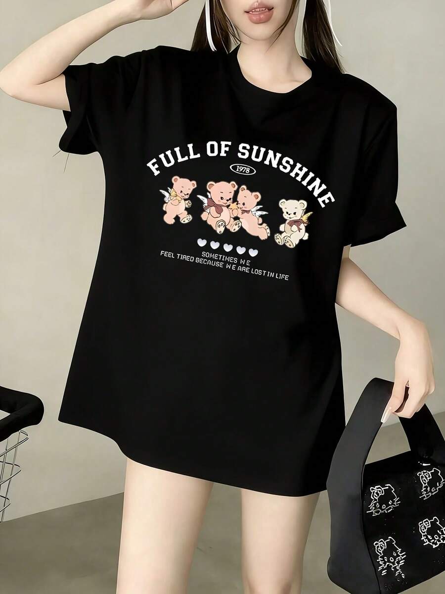 Spring/Summer 2026 New Women's Short Sleeve T-Shirt With Drop Shoulders And Cartoon Print "FULL OF SUNLIGHT" | Comfortable, Soft To The Touch, Sweet And Stylish For Casual Everyday Wear In Summer. - 黑色 - 查看 1