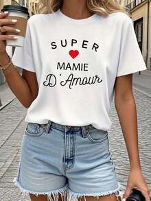 Camiseta de Mujer con Estampado de Letras Francesas - "Super Mamie D'Amour" Corazón y Texto en Francés - Camiseta Suave y Elástica de Cuello Redondo - Camisa Casual para Mujer - Primavera/Veranoblusas para mujer>ropa - Blanco - Ver 1
