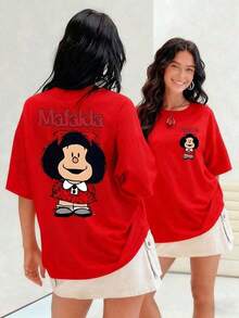 Women's Cotton T-Shirts. Iconic Cartoon Mafalda With Her Red Dress And Bow. Women's T-Shirt, Shows A Girl Who Represents Rebellion And Childhood Intelligence In Spanish, 100% Cotton. Basic Women's Blouses - 紅色 - 查看 6
