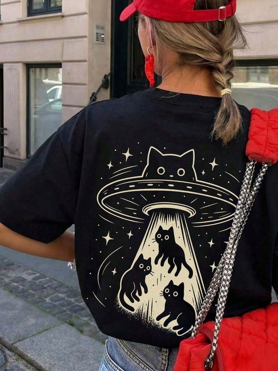 1 pieza Camiseta de mujer de manga corta y cuello redondo, suelta para el verano, con estampado de gato de dibujos animados y diseño de ciencia ficción, adecuada para vacaciones, oficina, salidas, uso diario, citas, fiestas, reuniones, calle, festivales de música y ocasiones casuales |   Diseño exquisito |   Suelto y cómodo |   Fácil de combinar | - Negro - Ver 1