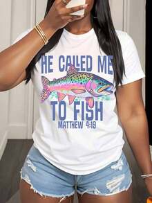 Women's Cotton T-Shirts, Christian Fishing T-Shirt "He Called Me To Fish" Matthew 4:19 For Women, Religious Bible Verse T-Shirt, Outdoor Adventure Gift For Fishermen And Devout Christians, Women's Basic Blouses - 白色 - 查看 2