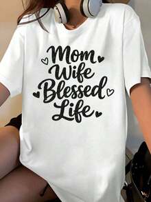 "Blessed Life Of Mom And Wife" T-Shirt For Women, Maternity Gift, Mother's Day Gift, Family Love Quote, Casual White Crew Neck T-Shirt - 白色 - 查看 7