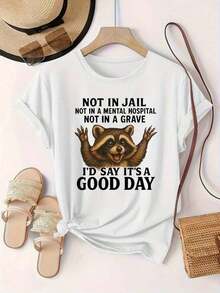 Modern Minimalist T-Shirt 0-8XL Casual Fashion Print For Women, Basic T-Shirt For Daily Outings, Suitable Personality For All Seasons, Casual Wear, Short Sleeve T-Shirt With Collar, Multiple Options Available, Funny "I'm Not Going To Jail" Print T-Shirt - Casual Red Short Sleeve Top With The Slogan "Have A Nice Day" - Lightweight For Daily Summer Wear, Loose Outfit For Weekend, Fabric, Fun Design, Must-Have For Women, Casual For Everyday. - 白色 - 查看 7