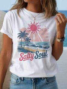 Soft, Breathable, And Lightweight For All-Day Comfort. Alty Women's T-Shirt With A Tropical Palm Print And The Phrase "Paradise Found" - White, Short-Sleeved, Crew Neck, Casual Beach Style, Made With Breathable, Medium-Stretch Fabric For Spring And Summer - Machine Washable, Ideal For Vacations. Classic Crew Neck With A Relaxed Fit That Flatters All Body Types And Is Easy To Pair With Jeans, Shorts, And Leggings. - 白色 - 查看 1