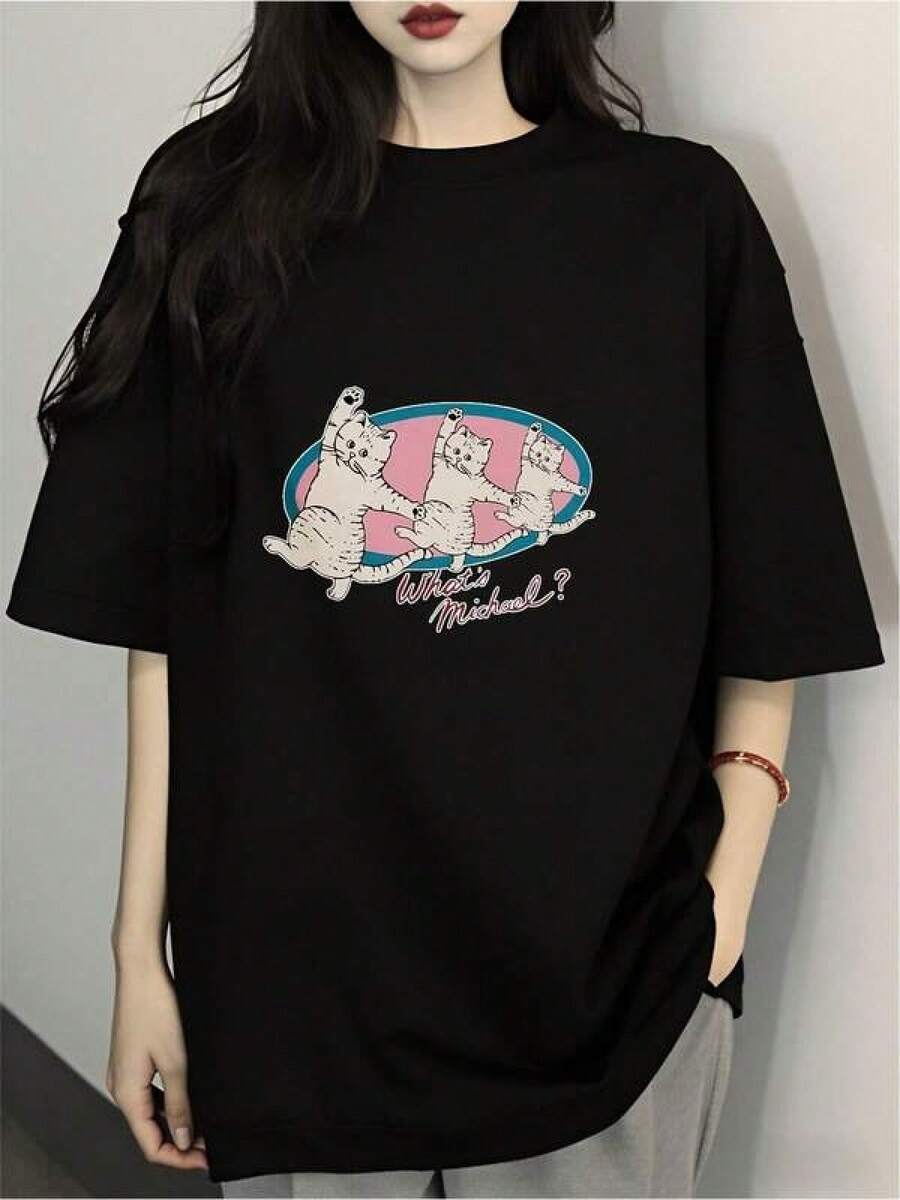 Camiseta negra informal de manga corta con cuello redondo para hombre,Camisetas Para Mujer Camiseta negra divertida con diseño gráfico de animales, estilo urbano, manga corta, comodidad, algodón suave, casual, para jóvenes y adultos, varios tamaños disponibles, moda contemporánea,  2023. - Negro - Ver 1