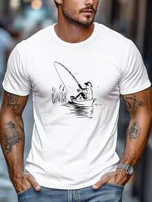 Herren Sommer T-Shirt, Streetwear, Herren T-Shirt, locker und lässig, bequem und vielseitig, Herren Small Boot Angler Grafik Sommer lässiges Rundhals Kurzarm T-Shirt - Weiss - Übersicht 6