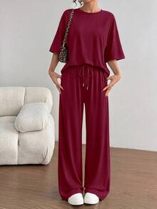 PRETTYGARDEN Women's Summer Clothes 2 Piece Sets Lounge For Short Sleeve Matching Airport Travel Outfits Casual Wine Red Vacation Summer Brunch Wine Red Outfits For Women Mothers Day Outfit - 酒紅色 - 查看 1