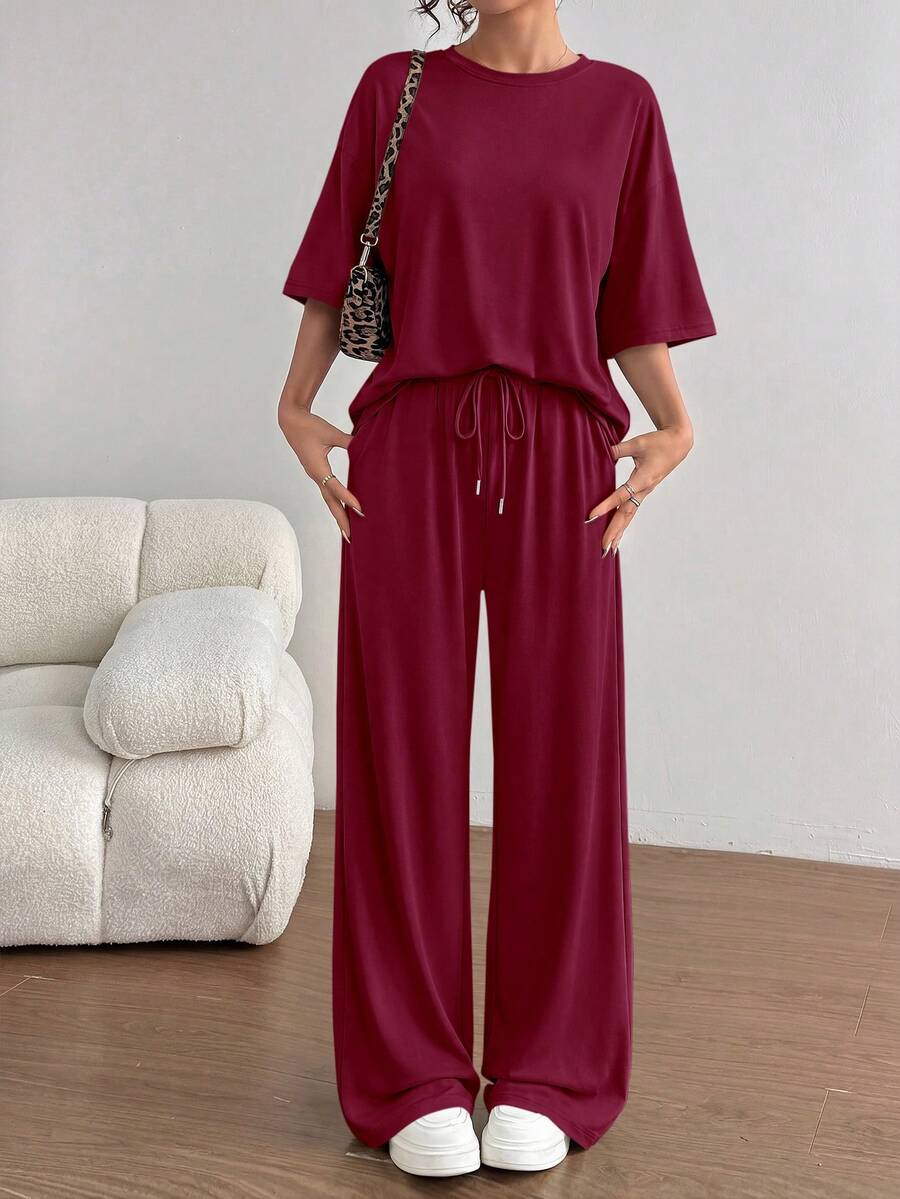 PRETTYGARDEN Women's Summer Clothes 2 Piece Sets Lounge For Short Sleeve Matching Airport Travel Outfits Casual Wine Red Vacation Summer Brunch Wine Red Outfits For Women Mothers Day Outfit - 酒紅色 - 查看 1