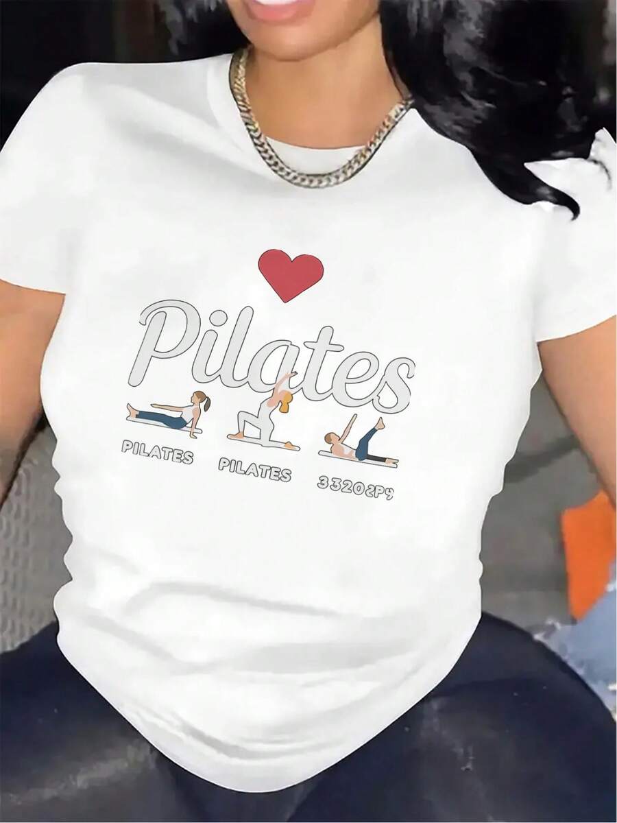 Women's Short-Sleeved Pilates T-Shirt, Modern And Minimalist Style, Made Of Lightweight Fiber, Suitable For The Gym, Studio Or Home Workouts, With A Heart-Shaped Pilates Design And Sports Symbols, Ideal For An Active Lifestyle And For Casual Daily Wear. - 白色 - 查看 1