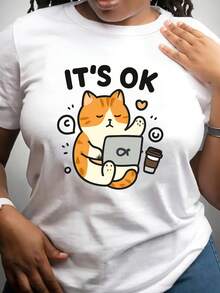 Women's Casual Top. Women's T-Shirt With A Funny Cat Meme "No Problem" For The Office - Short-Sleeved, Crew-Neck Casual Top Made Of 180g Milk Yarn, Medium Stretch, Machine Washable For Spring, Summer, And Fall. Cat T-Shirt, Spring Fashion, Cartoon Print T-Shirt, Stretchy Fabric. A Must-Have For Everyday Casual Wear. - 白色 - 查看 9