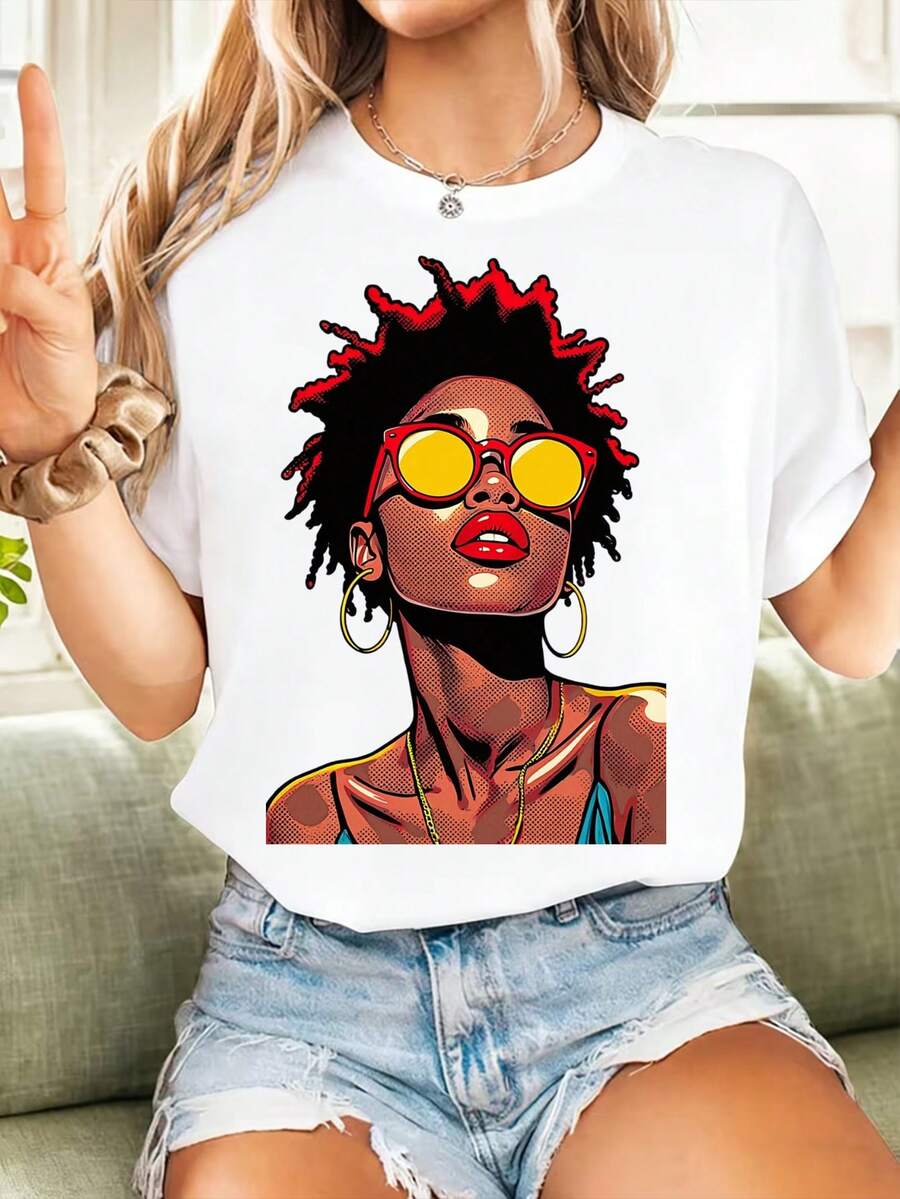Women's Soft Vintage Printed T-Shirt, Short Sleeve Top With Retro Pop Art Design, Casual Round Neck Shirt, Bold African American Aesthetic Style, Elegant Blouses For Women. - 白色 - 查看 1