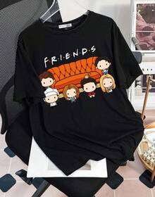 FRIENDS X  Camiseta informal y holgada de manga corta y cuello redondo para mujeres, apta para el verano - Negro - Ver 9