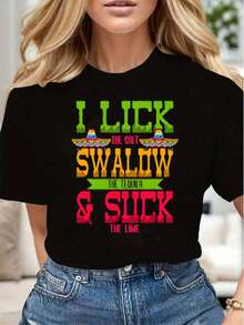 I Lick The Salt, Swallow The Tequila, And Suck The Lime. Women's Casual Printed T-Shirt, Soft And Comfortable, Cinco De Mayo Gift, Cool Summer Wear For Ladies. - 黑色 - 查看 1