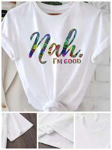 Women's Tops [Popular Choice] Women's T-Shirt With Colorful Gradient 'Nah, I'm Good' Letter Print - Casual Crew Neck, Short Sleeve, 100% Polyester, Machine Washable - Perfect For Spring/Summer/Autumn - White - View 6