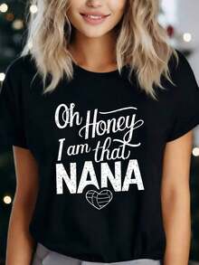 OH HONEY I Am THAT Nana 1 Pcs Women's Plus Size T-Shirt Funny Oversized Graphic Short Sleeve Tee 100% Polyester Novelty Shirt 220g Casual Crew Neck Top - 黑色 - 查看 7