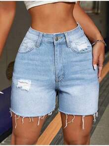 Shorts vaqueros desgastados y rotos de estilo casual Mobula, versátiles para la moda de primavera/verano, cómodos para el uso diario, los viajes y el aeropuerto - Azul - Ver 10