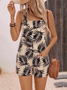 Linen Blend Women's Solid Color Dual Pocket Twist Knot Romper - Albaricoque 3 - Ver 4
