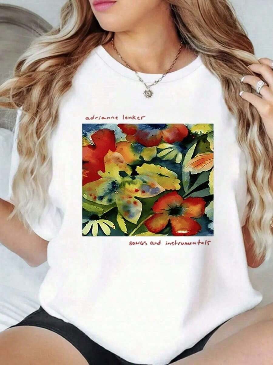 100% Cotton. Colorful Floral Art Symbolizing Vitality And Inner Joy With Abstract Brushstrokes Evoking Natural Freedom. Soft, 100% Cotton, Casual, And Comfortable Women's T-Shirt. Women's Simple Solid Color T-Shirt, Loose And Slim Fit Casual Short Sleeve - 白色的 - 查看 1