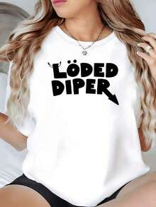 100% Cotton. The Fun Phrase "LOADED DIPER" Symbolizes Rebellious Energy And A Free Attitude, Perfect For Women With Strong Personalities. Women's 100% Cotton Casual T-Shirt, Comfortable For Everyday Wear. Women's Simple Solid Color T-Shirt, Loose And Slim Fit Casual Short Sleeve - 白色的 - 查看 11