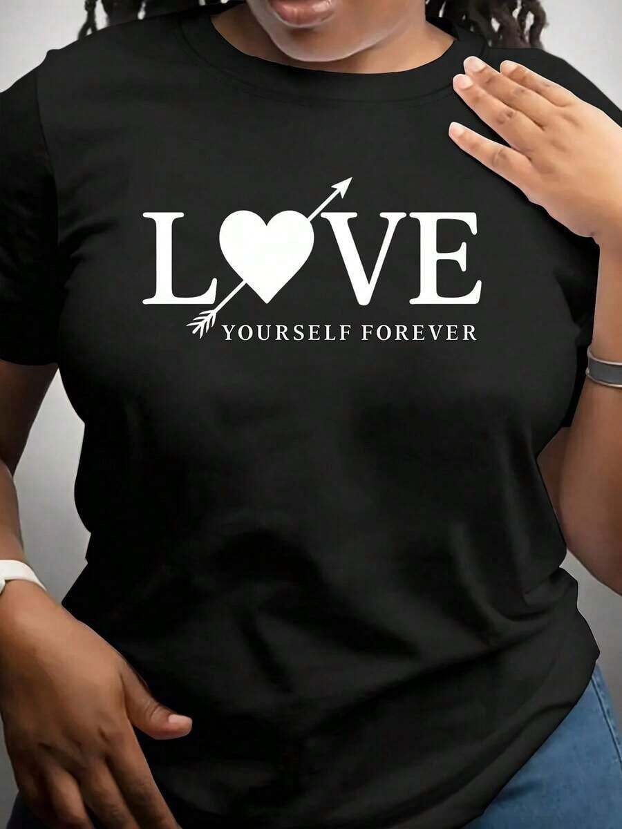 100% Cotton. Women's T-Shirts, Love Yourself, Inspirational Print T-Shirt For Women, Gray, Women's T-Shirts. Women's Simple Solid Color T-Shirt, Loose And Slim Fit Casual Short Sleeve - 黑色 - 查看 1