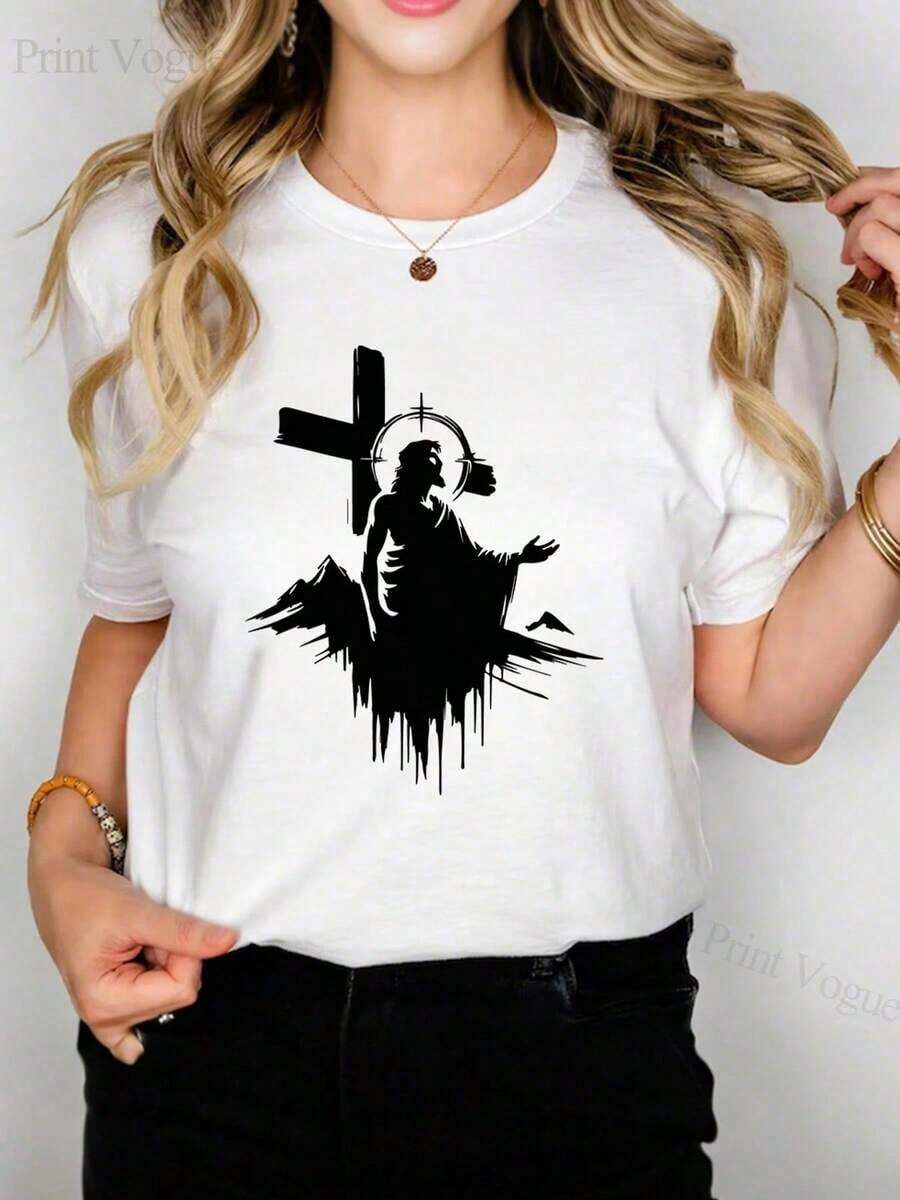 2026 New Cotton Shirt 100% Cotton Women's T-Shirt With Christ Cross Pattern - Breathable Round Neck, Short Sleeve, Unisex Summer Casual Top With Cross Design Women's Simple Solid Color Shirt, Loose And Casual Short Sleeve - 黑色 - 查看 1