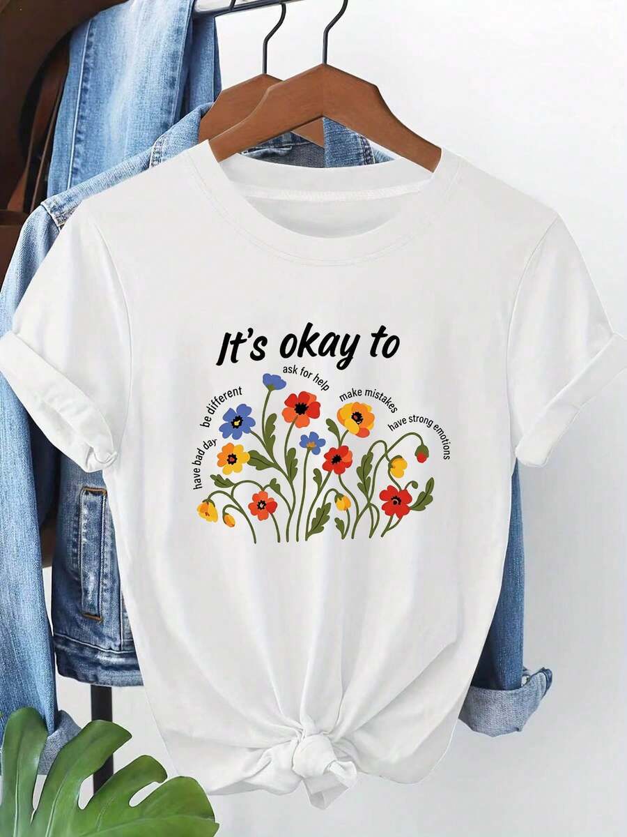 Floral Print Short-Sleeved T-Shirt "Self-Acceptance" For Plus-Size Women, Ideal For Everyday Wear In Spring And Summer, To Comfort Friends And Family In Moments Of Low Mood. - 白色 - 查看 1