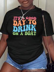 Women's Short-Sleeved T-Shirt With Vintage Print "IT'S A GOOD DAY TO DRINK ON A BOAT", Casual Black Round Neck T-Shirt, Elastic, Machine Washable, Suitable For Sports And Leisure In Spring/Summer/Autumn. - 黑色 - 查看 6