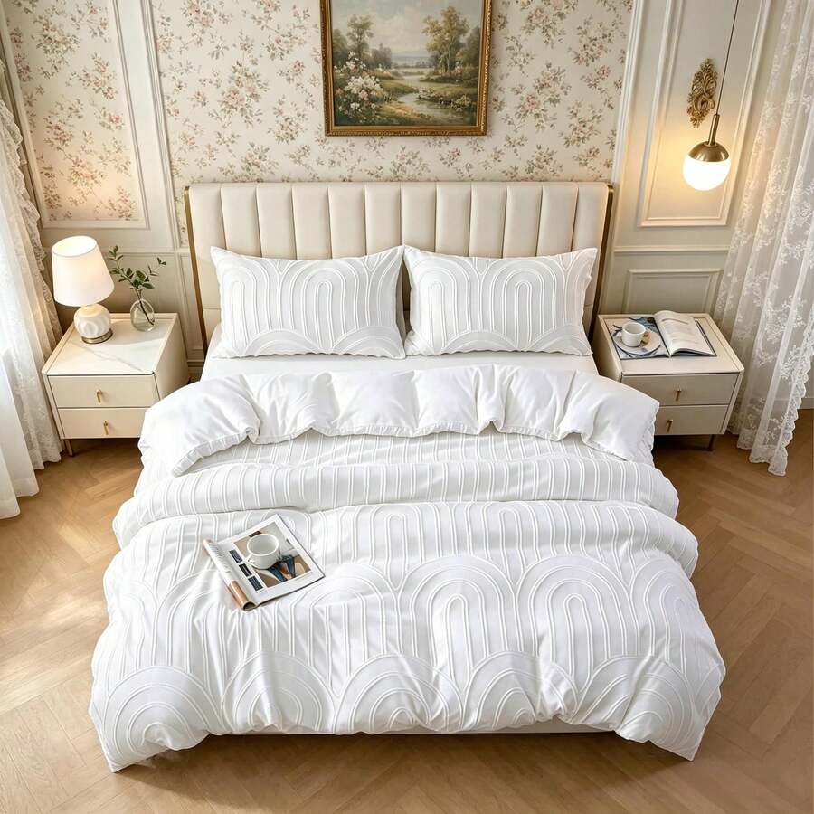 White Arched Wavy Floral Print Bedding Set (3 Pieces, Including 1 Duvet Cover + 2 Pillowcases) - Simple, Elegant, And Classic - Pillowproof, Colorfast, Soft And Gentle On The Skin, Luxurious And Suitable For All Seasons - Wabi-Sabi Style - Bedroom Bedding - 5# White Arch - View 1