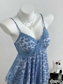 Top de mujer con estampado de leopardo y dobladillo asimétrico con encaje - Azul 2 - Ver 1