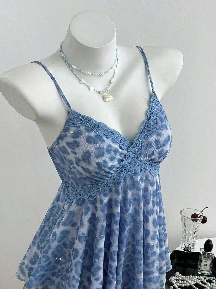 Top de mujer con estampado de leopardo y dobladillo asimétrico con encaje - Azul 2 - Ver 1