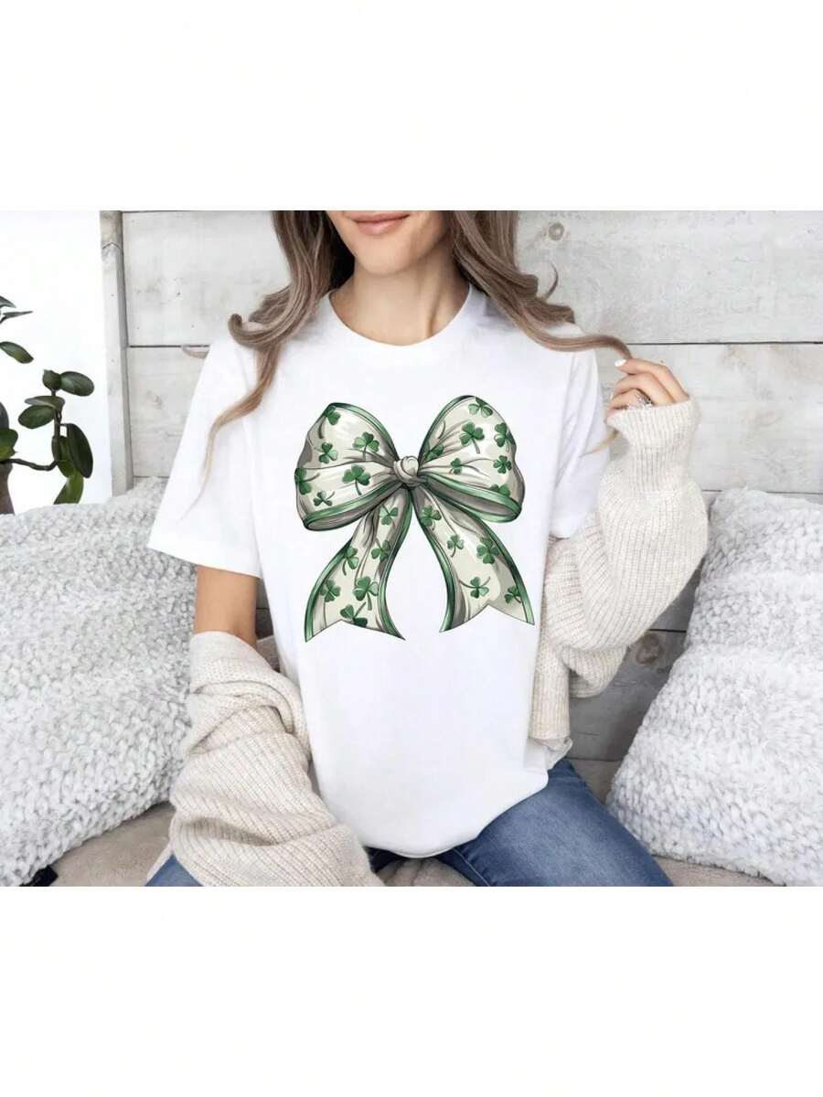 Irish T-Shirt With Flirty Bow, St. Patrick's Day T-Shirt With Flirty Bow, St. Patrick's Day T-Shirt, Irish Mum T-Shirt, Lucky Bow T-Shirt, St. Patrick's Day T-Shirt - 白色 - 查看 1