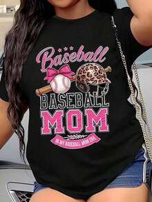 Women's "Baseball Mom In My Baseball Mom Era" T-Shirt With Leopard Helmet Design And Pink Bow, Women's T-Shirt, Gift For Baseball Fans, Summer Casual Wear - 黑色 - 查看 1