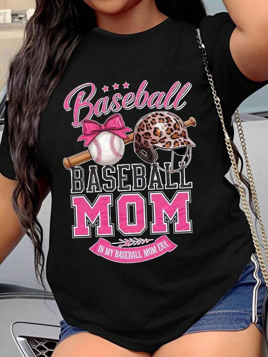 Women's "Baseball Mom In My Baseball Mom Era" T-Shirt With Leopard Helmet Design And Pink Bow, Women's T-Shirt, Gift For Baseball Fans, Summer Casual Wear - 黑色 - 查看 1