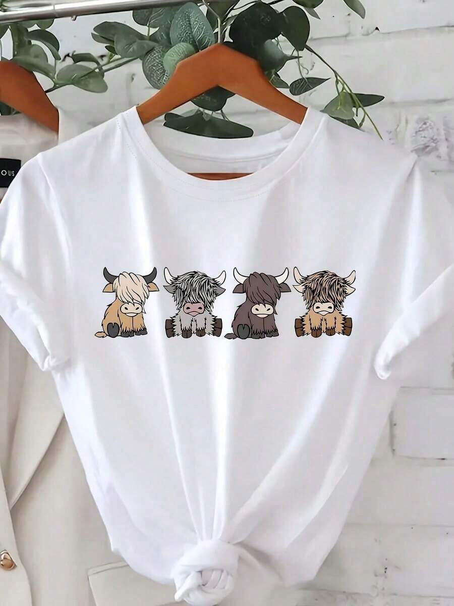 short-sleeveCamisetas gráficas talla grande Soft, camiseta con estampado de vaca, top casual de cuello redondo de manga corta para verano y primavera, ropa de mujer algodón100% Cotton100% Cotton - Blanco - Ver 1