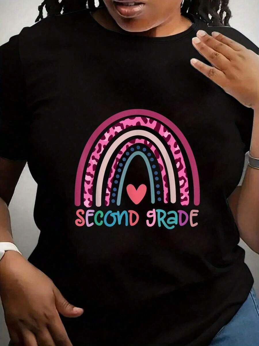 Plus Size - Women's Plus Size Leopard Print T-Shirt - Breathable Summer T-Shirt With Vibrant Geometric And Heart Graphics, Casual Short Sleeve Crew Neck Top, Gifts For The Month, Teacher Appreciation And Back To School Gifts, Teacher T-Shirts, Casual Outfit, Fun Design, Comfortable Fit, Durable Fabric - 黑色 - 查看 1