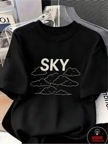 Women's Printed T-Shirt - Oversized Black Short Sleeve Crew Neck Casual T-Shirt With Minimalist Cloud Design, Relaxed Fit For All Seasons, Perfect For Everyday Wear Or Holiday Outfits (Machine Washable). - 黑色 - 查看 6